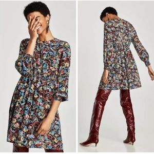 Zara Floral Print Long Sleeve Mini Dress Size L – Ruched Waist, Keyhole Back